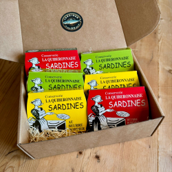 Kasse med 6 dser Sardines au beurre Bordier (2 x almindelige, 2 x med espelette og 2 x med tang)