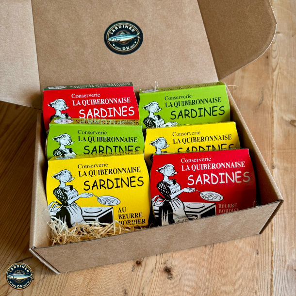 Kasse med 6 d�ser Sardines au beurre Bordier (2 x almindelige, 2 x med espelette og 2 x med tang)