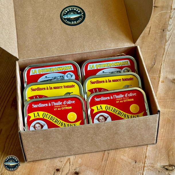 Kasse med 6 d�ser af de tre klassiske opskrifter med olivenolie, tomat eller citron (to af hver)